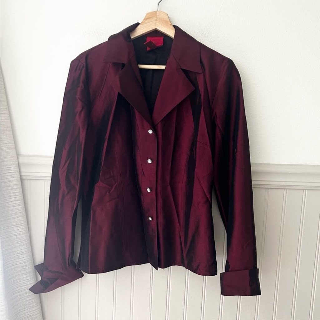 Vintage Js Collections Burgundy Button Down Shirt With Wrap Belt Size 8